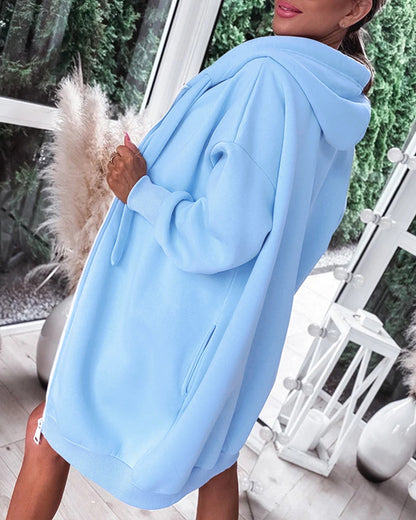 Women's Oversized Fleece Zip Up Hoodie Coat Long Sleeve Mid-Length Sweatshirt