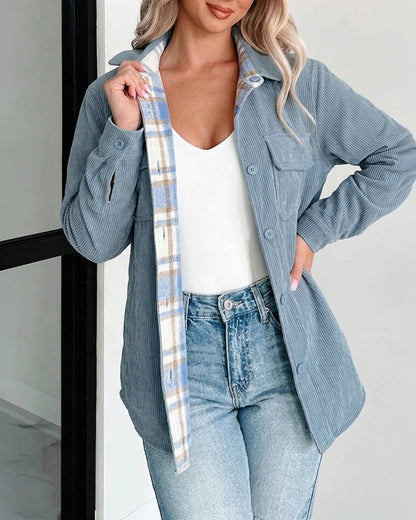 Women's Two-Way Reversible Corduroy Plaid Shacket Button Down Long Sleeve Shirt Jacket
