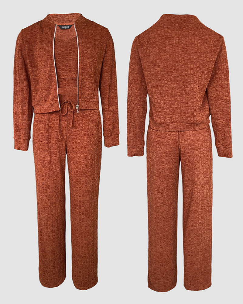Women's 3 Piece Set Zip Up Jacket and Straight Leg Pants Set with V-Neck Cropped Camisole