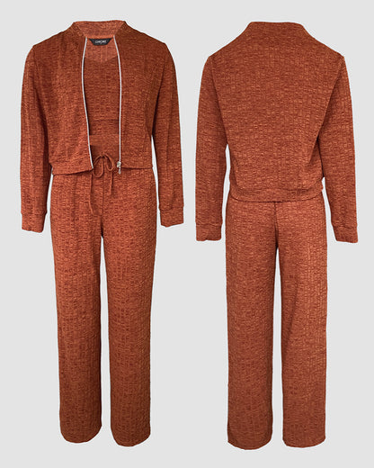 Women's 3 Piece Set Zip Up Jacket and Straight Leg Pants Set with V-Neck Cropped Camisole