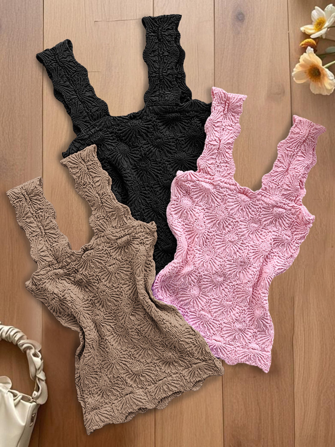 3-Pack Wide Strap Tank Tops Lettuce Trim Cami Tops with Floral Jacquard