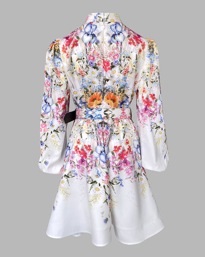 French Style Floral Print Stand Collar Lantern Sleeve Mixed-shape Button Down Dress Elegant Palace Style Cinched Waist Umbrella Hem Dress with Belt