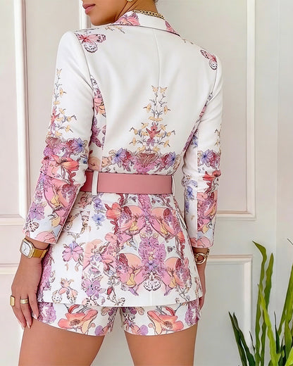 Women's Floral Blazer & Shorts Set Elegant Single-Breasted Coat and High-Waisted Shorts with Belt