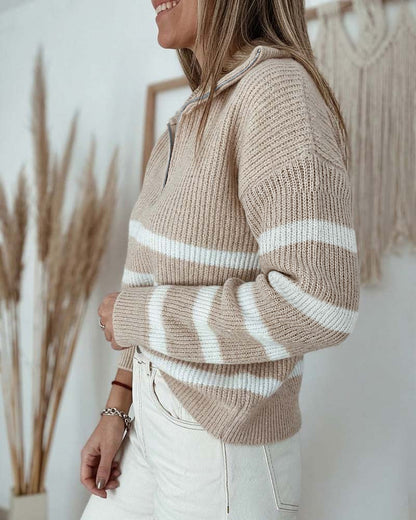 Women's Half Zip Striped Sweater Colorblock Turn-down Collar Knit Pullover Drop Shoulder Loose Fit Top