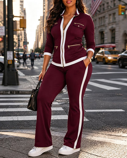 Women's 2 Piece Set Two-Way Zipper Front Stand Collar Top and High Waist Straight Leg Pants Casual Tracksuit