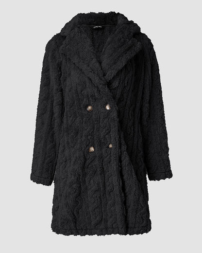 Cable Textured Lapel Neck Button Front Pocket Design Thermal Teddy Coat