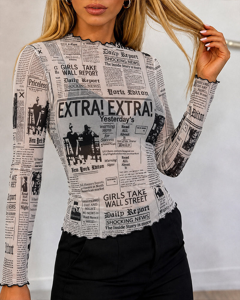 Women's Sheer Mesh Vintage Newspaper Print Mock Neck Frill Trim Long Sleeve Top