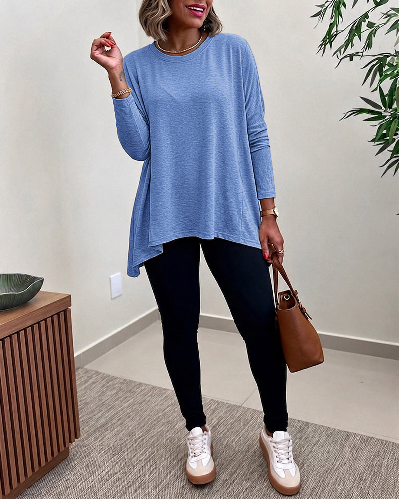 Haut à manches longues avec ourlet asymétrique pour femme, coupe ample, épaules tombantes, col rond, doux, ample, décontracté