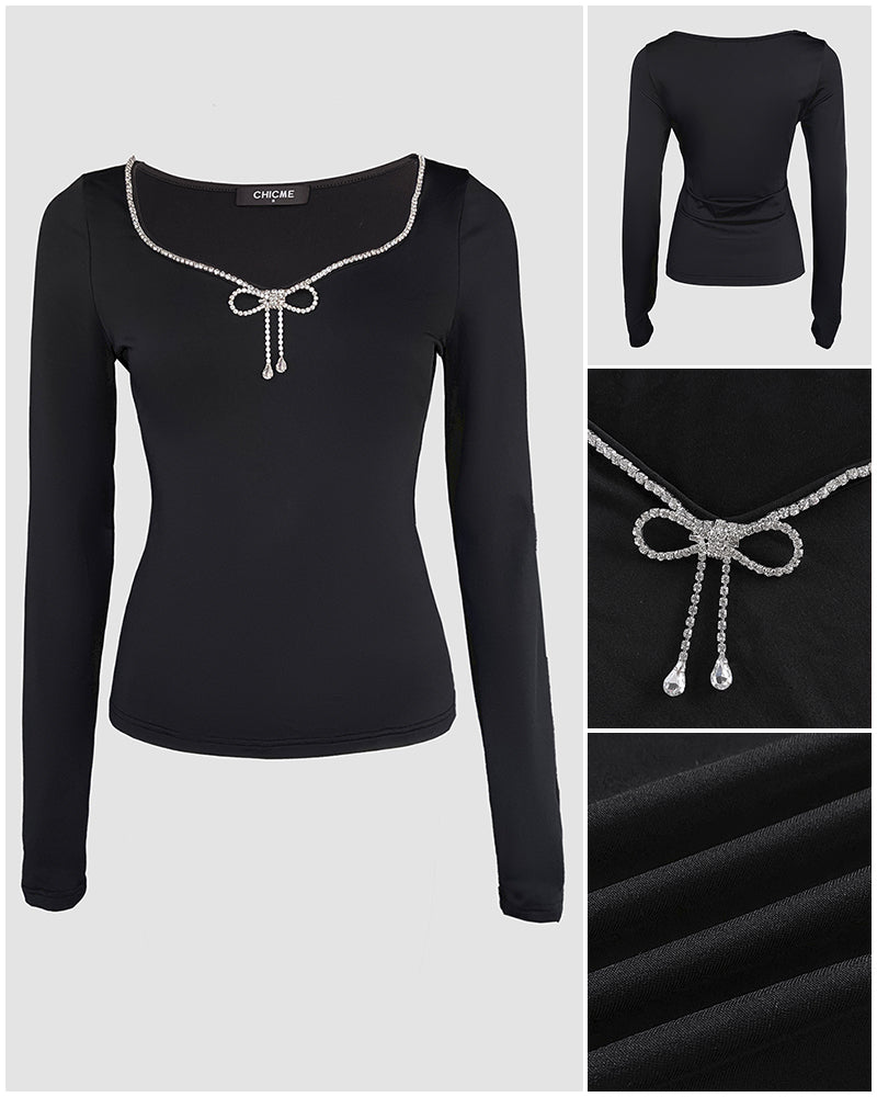 Rhinestone Decor Sweetheart Neck Long Sleeve Slim Fit Tee Bowknot Decor Casual Top with Thumb Hole Cuffs