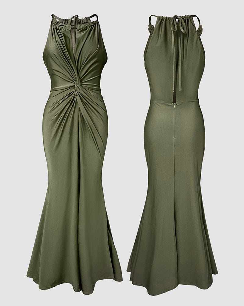 Satin Sleeveless Hollow-out Twist Front Evening Dress Tied Detail Backless Zipper Back Mermaid Hem Dress