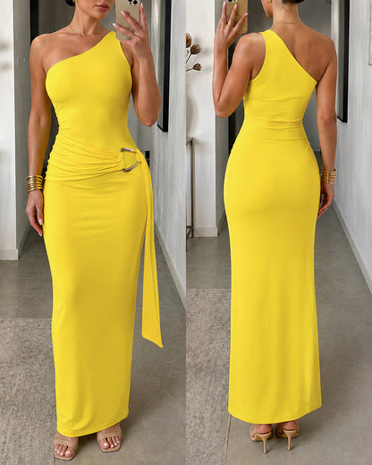 Women's One Shoulder Maxi Dress Ruched Waist Draped Tie Bodycon Party Dress with Detachable Clear Straps