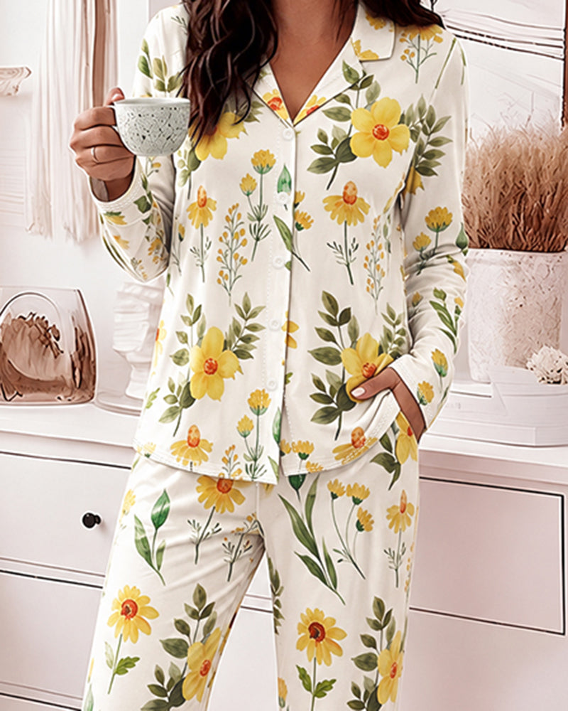Women's Floral 2 Piece Pajamas Set Long Sleeve Button Down Notched Collar Top and Straight Leg Pants Casual Loungewear