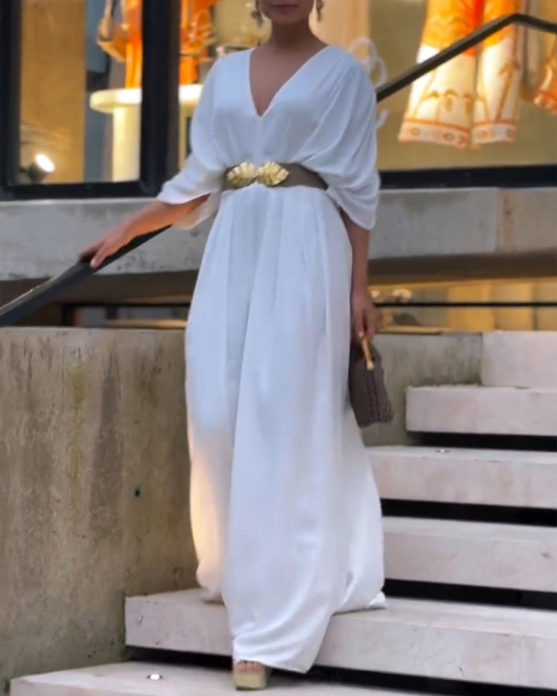 Deep V Neck Ruched Three Quarters Sleeve Backless Overalls Casual Waist Gathered Tied Detail Jumpsuit without Belt
