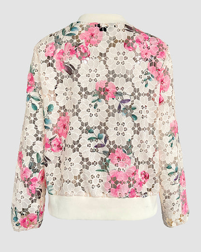 Floral Print Zip Up Water-Soluble Lace Baseball Coat Casual Hollow-out Bomber Crop Jacket