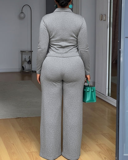 Stylish 2 Pieces Outfit Long Sleeve Criss Cross Button-Up Top and Casual Wide Leg Pants Set with Pockets