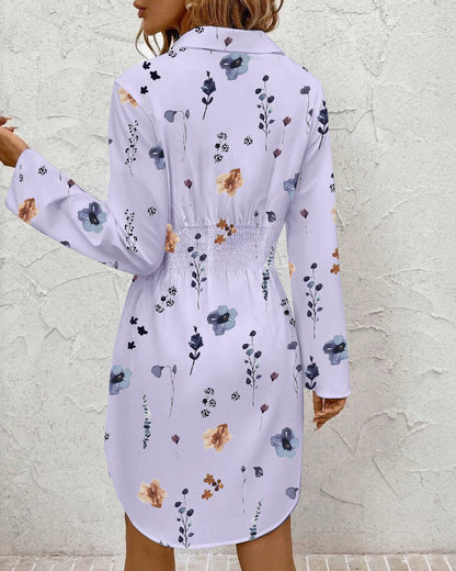 Watercolor Floral Print Turn-down Collar Turn-Up Sleeves Shirred Back Shirt Dress Casual Button Down Cinched Waist Asymmetrical Hem Vacation Dress