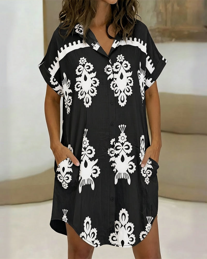 Vintage Baroque Placement Print Turn-down Collar Rolled Cuffs Button Down Shirt Dress Casual Curved Hem Vacation Dress with Pockets