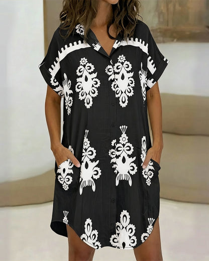 Vintage Baroque Placement Print Turn-down Collar Rolled Cuffs Button Down Shirt Dress Casual Curved Hem Vacation Dress with Pockets