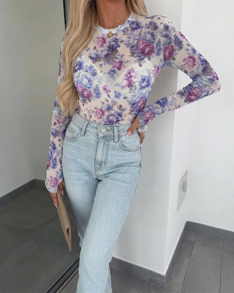 Women's Floral Mesh Long Sleeve Top Sheer O-Neck Slim Fit Blouse for Casual Streetwear & Layering