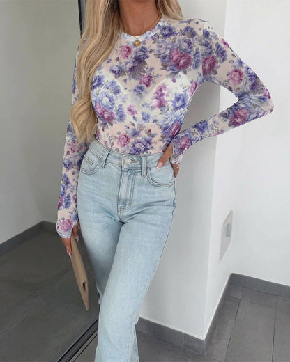 Women's Floral Mesh Long Sleeve Top Sheer O-Neck Slim Fit Blouse for Casual Streetwear & Layering