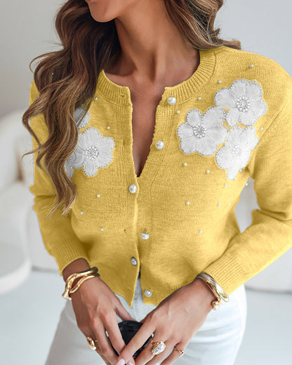 Floral Applique & Pearls Decor Round Neck Single Breasted Knit Cardigan Casual Crop Sweater Coat