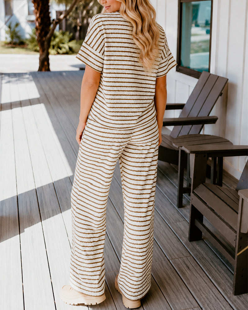 Women's 2 Piece Striped Lounge Set V Neck Short Sleeve Top and Wide Leg Pants Set
