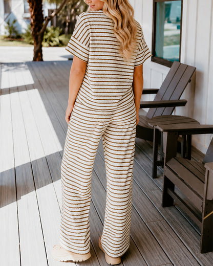 Women's 2 Piece Striped Lounge Set V Neck Short Sleeve Top and Wide Leg Pants Set