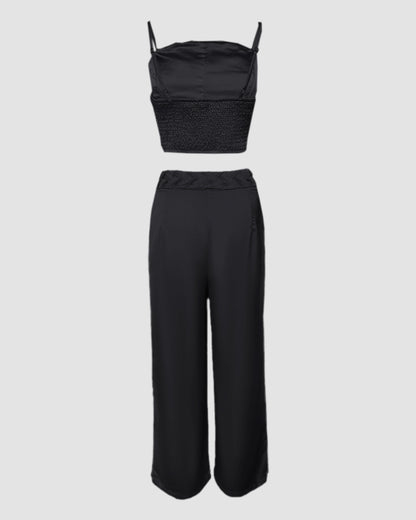 2 Pieces Outfit Weaving Textured Spaghetti Strap Crop Top and Casual Wide Leg Pants Set