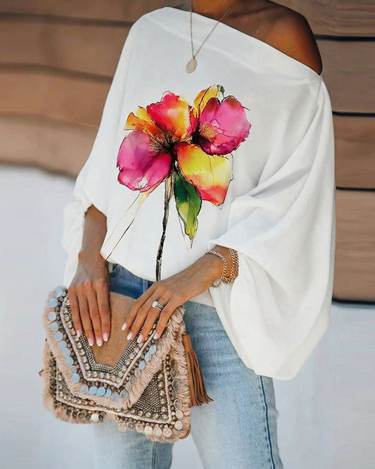 Watercolor Floral Placement Print Skew Neck Lantern Sleeve Blouse Casual Loose Fit Top