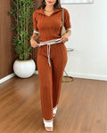 Women's Contrast Binding Two Piece Knit Set Short Sleeve Top and Drawstring Straight Leg Pants Casual Loungewear