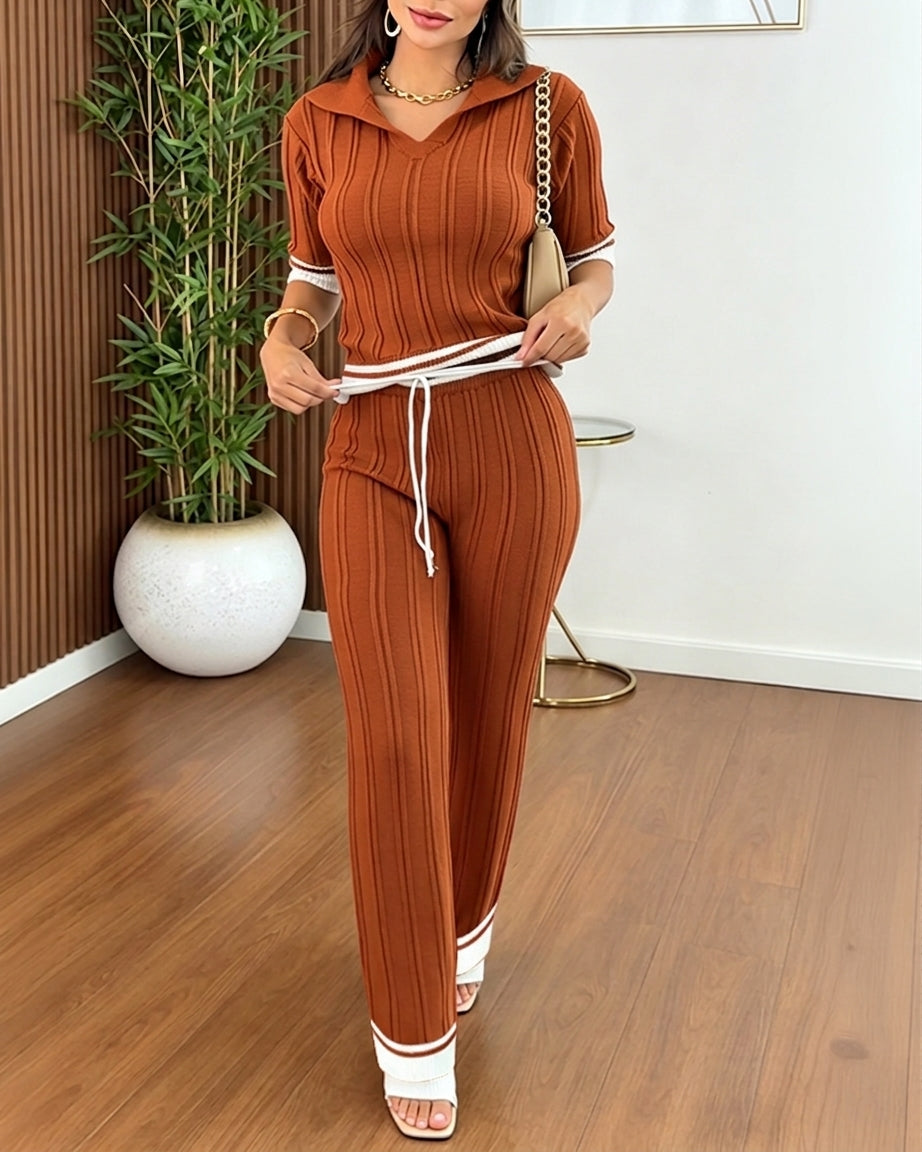 Women's Contrast Binding Two Piece Knit Set Short Sleeve Top and Drawstring Straight Leg Pants Casual Loungewear