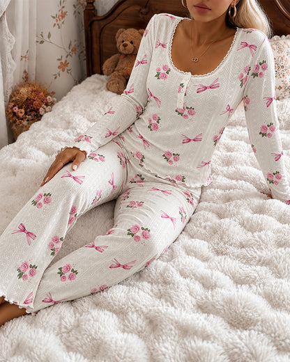 Women's Floral Bow Print Frill Trim Pajama Set Lace U-Neck Henley Long Sleeve Top and Pants Lounge Set
