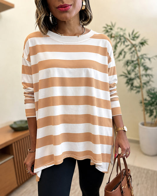 Women's Striped T Shirt Long Sleeve Drop Shoulder Crewneck Tee Side Slit Casual Loose Fit Top