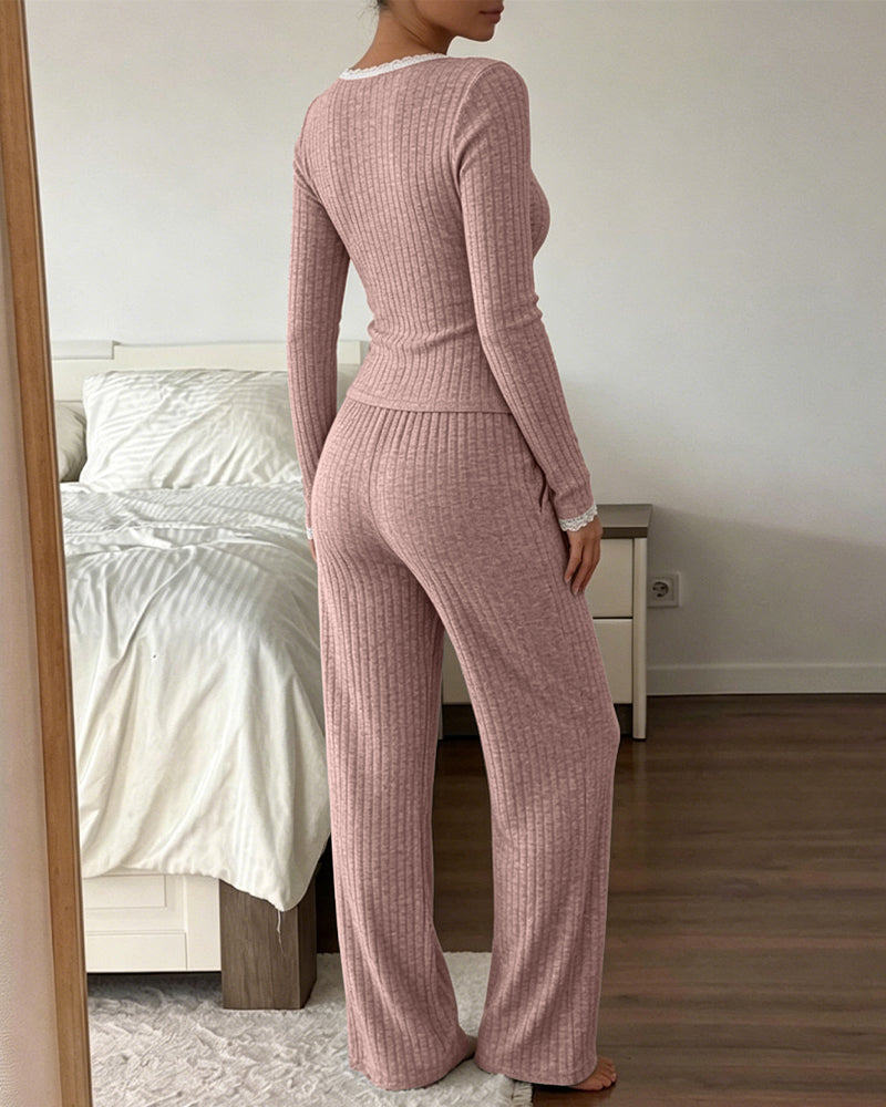 Women's 2 Piece Ribbed Lounge Sets Lace Trim Long Sleeve Top and High Waisted Pants Pajamas Sets with Pockets