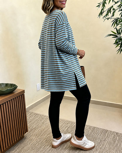 Women's Striped Henley Neck Waffle Knit Top Casual Loose Side Slit Long Sleeve Pullover