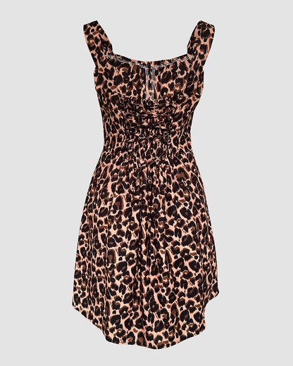 Leopard Print Square Neck Thick Strap Tied Detail Slit Romper Shirred Back Lace-up Skort Romper