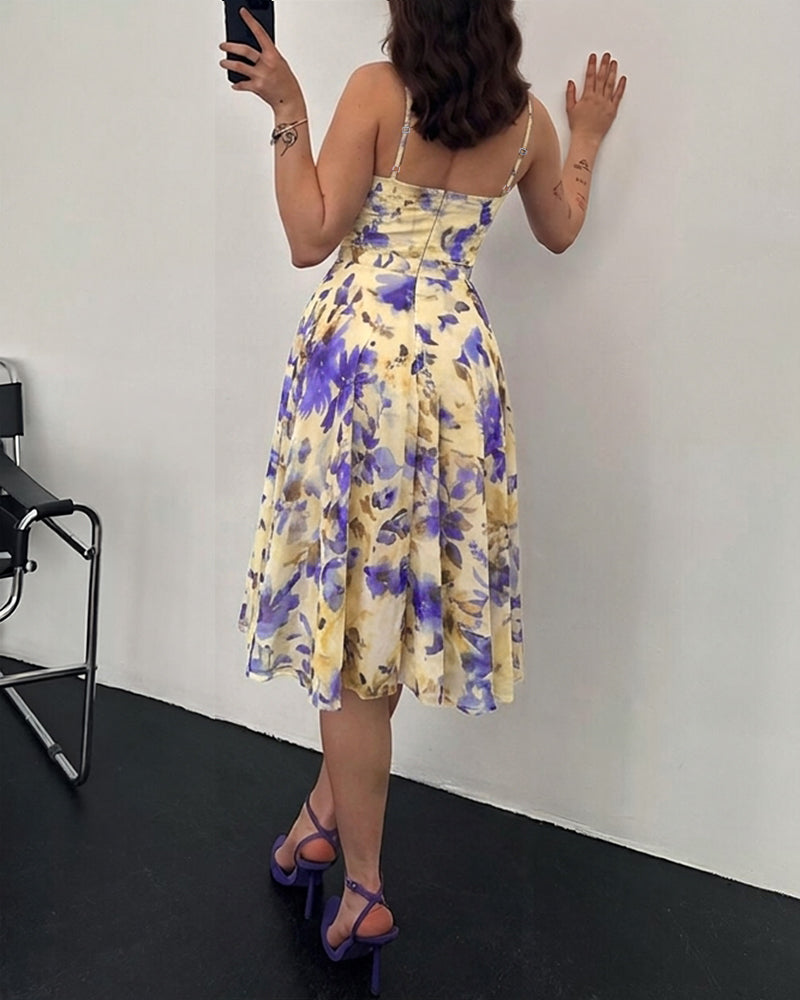 Women's Floral Cowl Neck Midi Dress Elegant Sheer Mesh Camisole Sundress Vintage A Line Dress with Lining