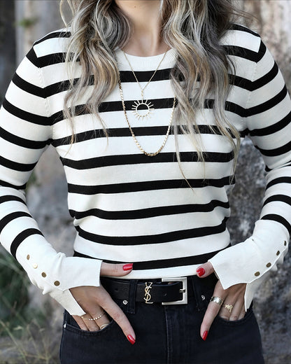 Women's Striped Crew Neck Gold Button Split Cuff Fitted Knit Top