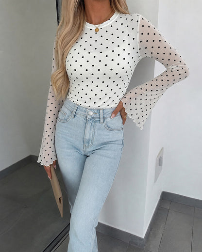 Women's Polka Dot Mesh Top Flare Long Sleeve Boat Neck Lined Asymmetric Frill Hem Blouse Vintage Party Shirt