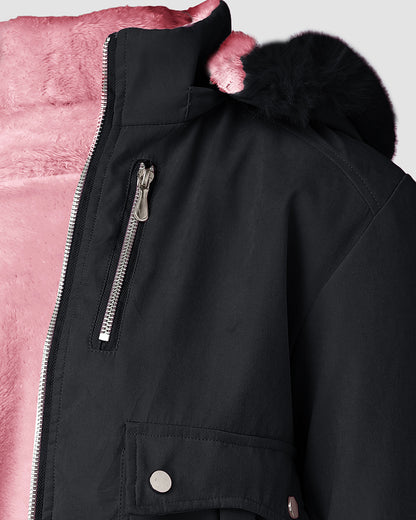 Fuzzy Trim Jacket Hooded Zip Up Fleece Lined Coat Outwear with Pockets