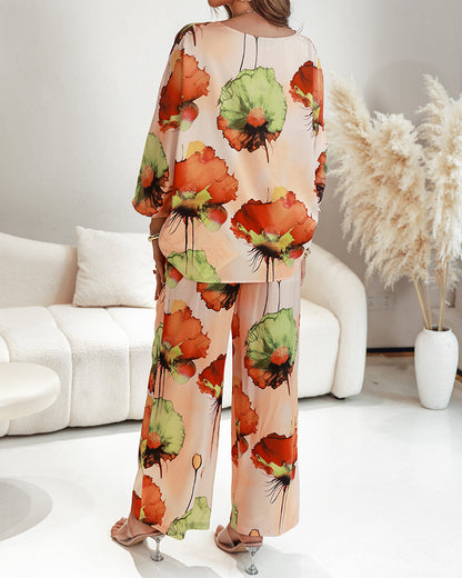 2 Pieces Outfit Floral Print Skew Neck Batwing Sleeve Top and Casual Elastic Wasit Wide Leg Pants Set