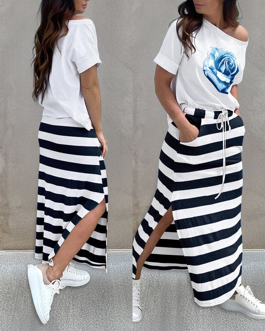 2 Pieces Outfit Floral Print Round Neck Turn-Up Cuffs Top and Casual Striped Drawstring Elastic Waist Side Slit Skirt Set