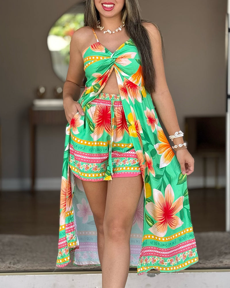 2 Pieces Outfit Adjustable Spaghetti Straps Twist Front Shirred Back High Slit Hem Longline Top and Elastic Waist Tie Front Shorts Set Casual Floral Print Vacation Set