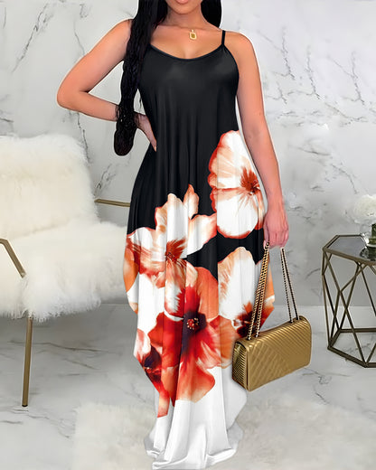 Colorblock Floral Placement Print U-Neck Adjustable Spaghetti Straps Loose Fit Maxi Dress with Pockets