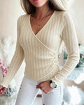Women's Crossover V Neck Knit Top Side Button Ruched Long Sleeve Sweater Scallop Trim Slim Fit Casual Top
