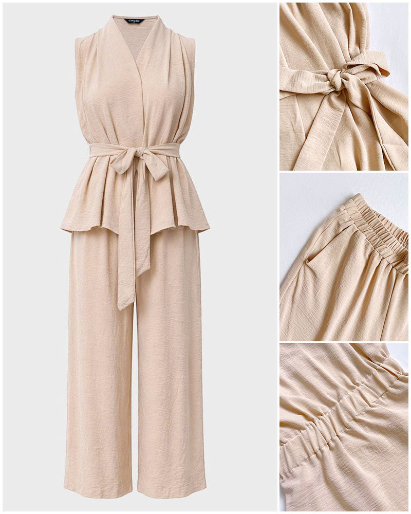 Conjunto de 2 piezas para mujer: top fruncido sin mangas y con cuello en V, y pantalones de pierna ancha, conjunto casual para desplazamientos con bolsillos