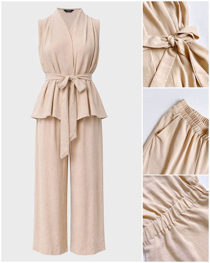 Conjunto de 2 piezas para mujer: top fruncido sin mangas y con cuello en V, y pantalones de pierna ancha, conjunto casual para desplazamientos con bolsillos