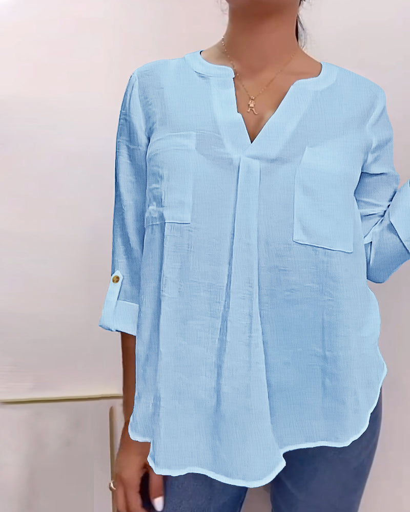 V-Neck Roll Up Sleeve Back Button Blouse Casual Top with Pocket