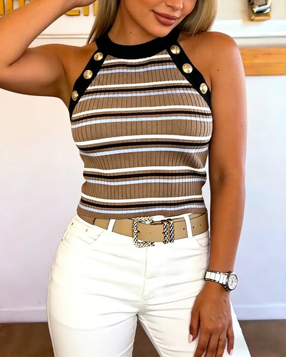 Women's French Retro Striped Halter Top Sleeveless Rib-Knit Tank with Gold Button Accents