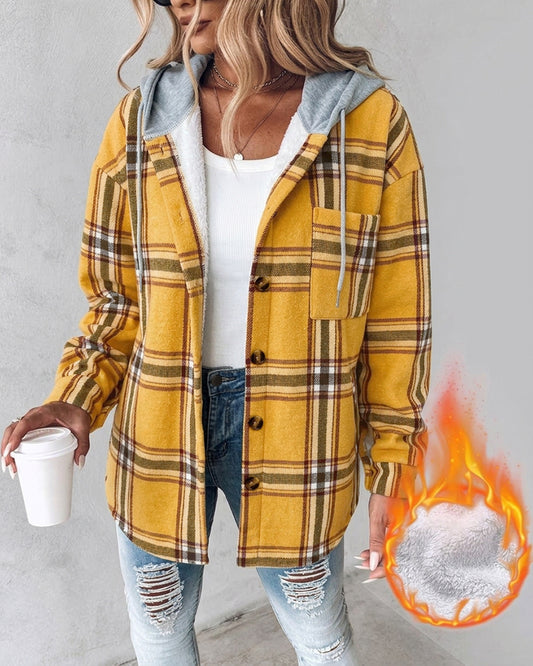 Women's Plaid Drawstring Hoodie Coat Casual Fleece Lined Jacket